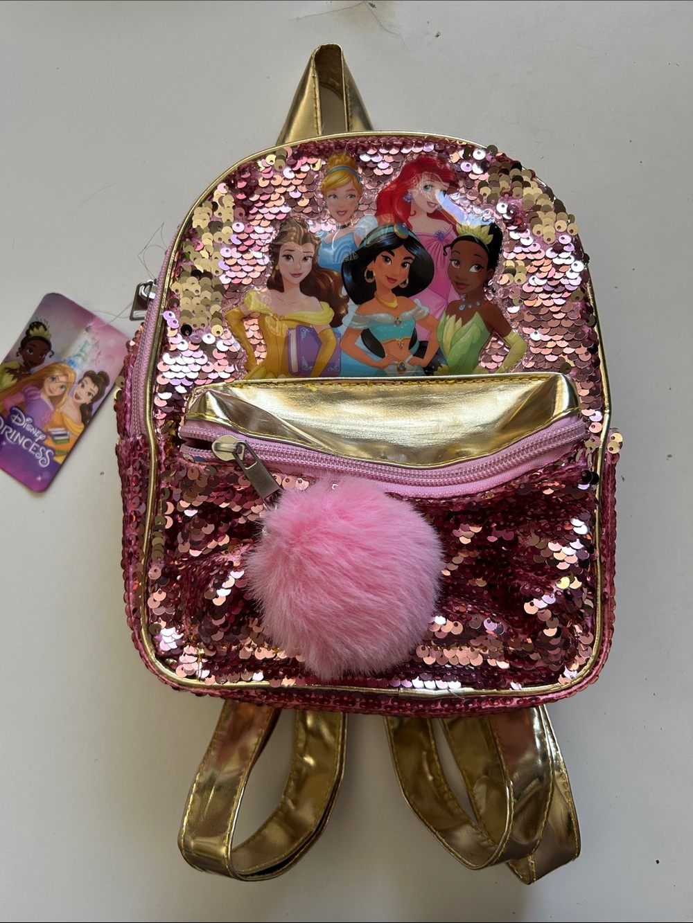 Disney Pink Sequin Princess Mini Backpack with Pom Pom